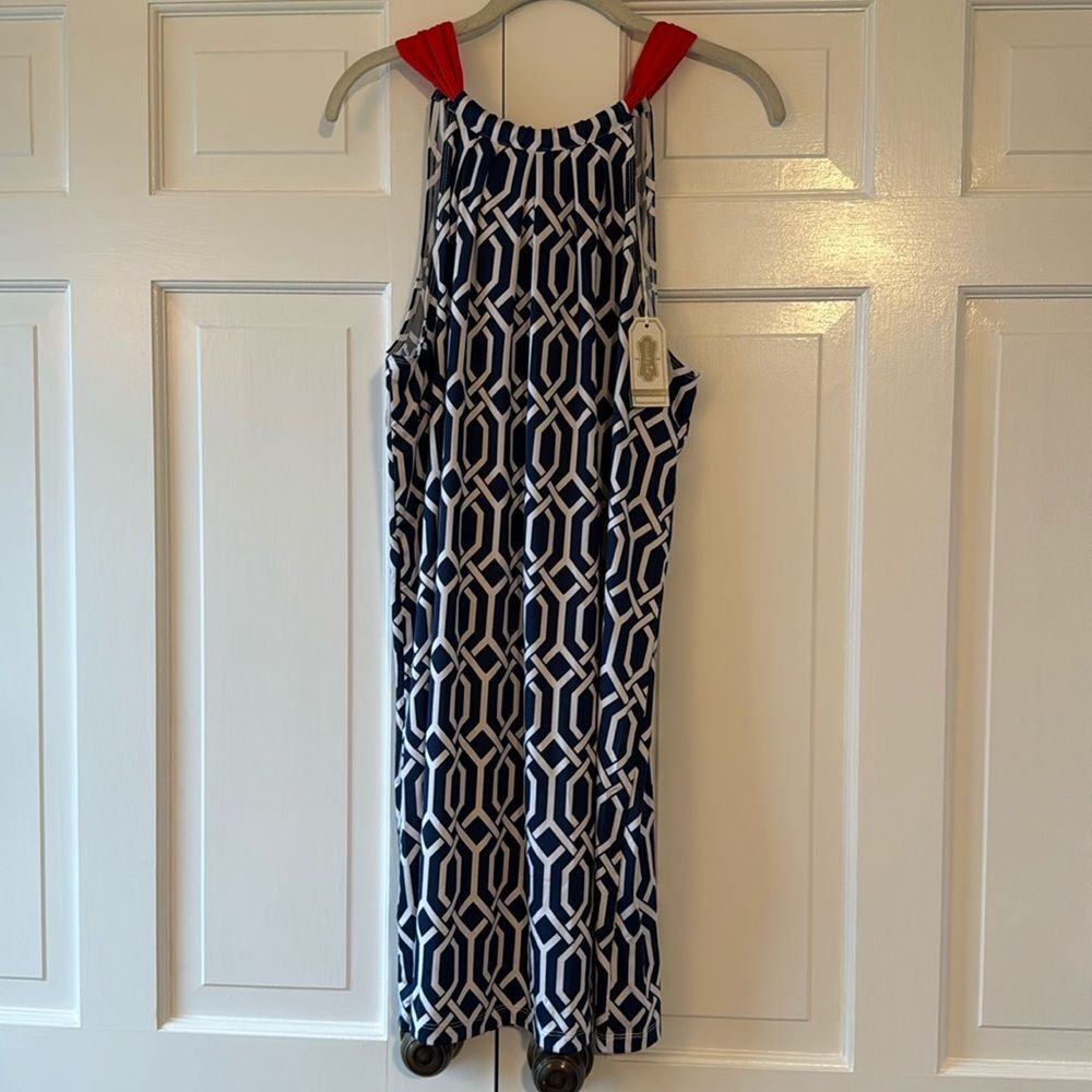 NWT Mud Pie Game Day Bow Back Blue White Red Halter Dress Geometric Knit Large
